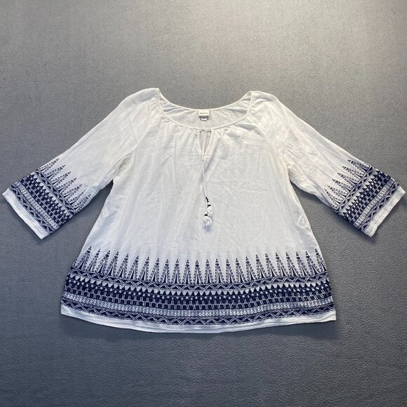 Merona White Cotton Gauze tassel Navy Embroidery 3/4 Sleeve top size XXL - Picture 1 of 9